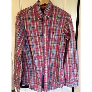 POLO RALPH LAUREN Oxford Classic Fit‎ Pink Blue Plaid Cotton Casual Shirt Sz M